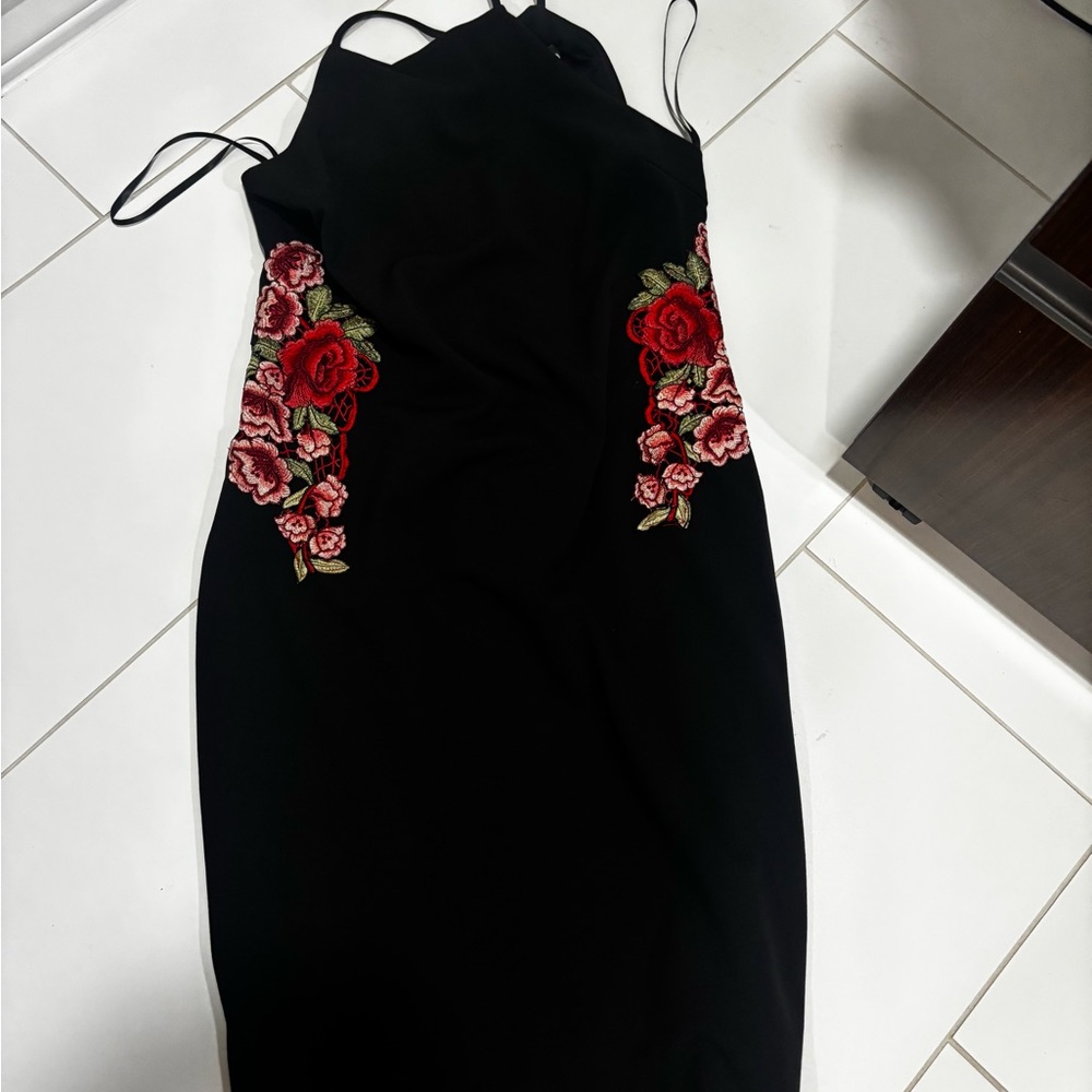Black and Red Embellished Maxi Dress with Halter Neckline